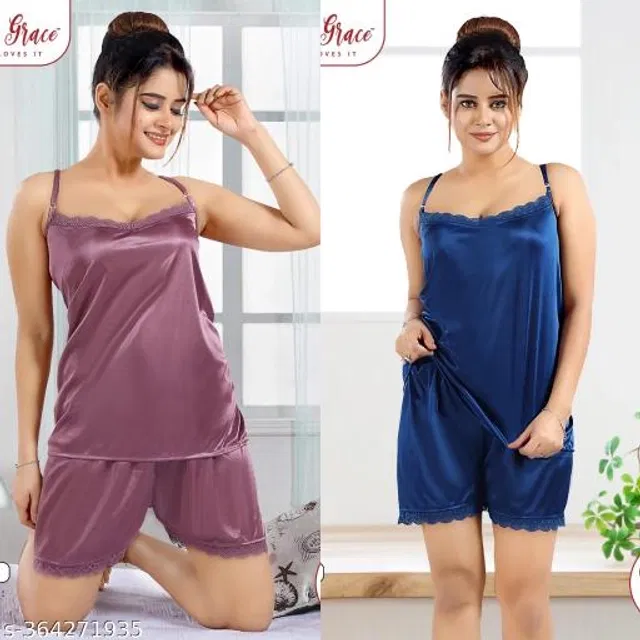 Satin Nightsuit for Women (Purple & Navy Blue, XL) (Pack of 2)