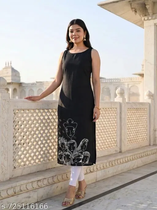 Printed Acrylic Kurti with Ethnic Motifs for Women (Black, L)