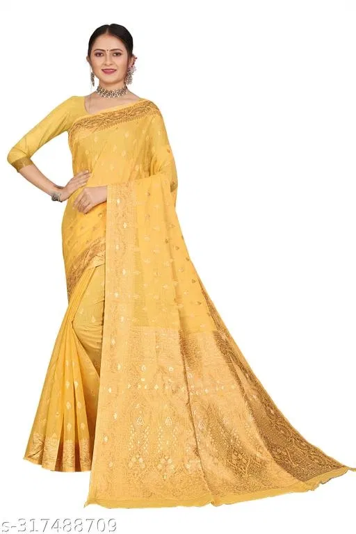 Chanderi Cotton Zari Woven Saree for Women (Yellow, 6.3 m)