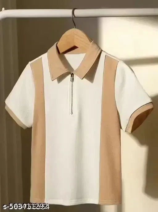 Color Blocked T-Shirt with a Zip Collar for Men ,Beige & Cream (XL)