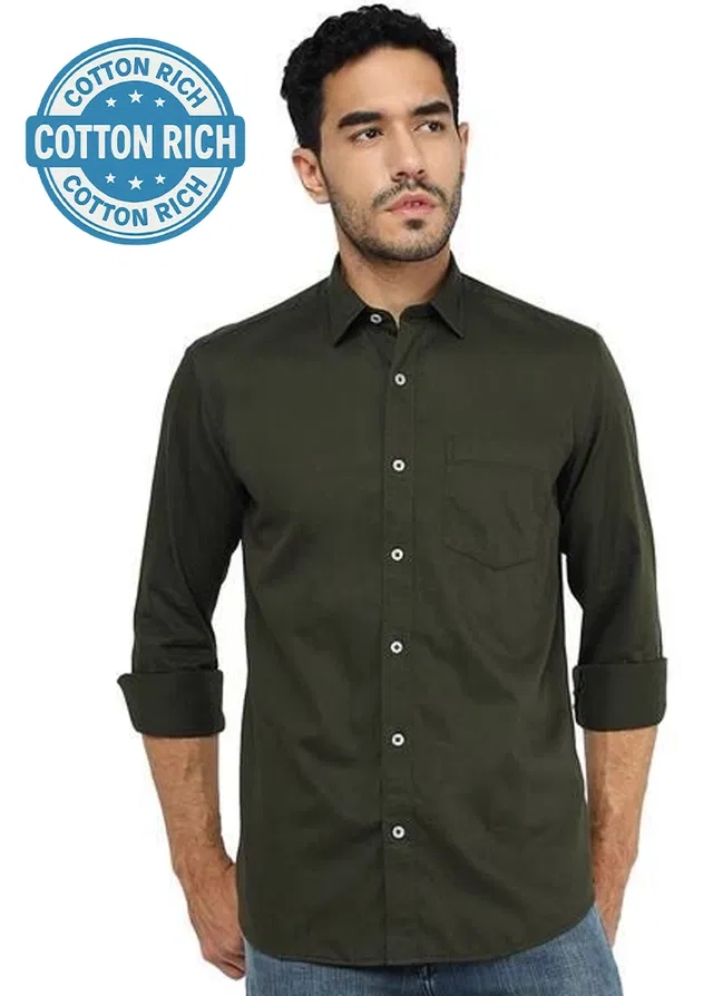 Cotton Blend Full Sleeves Solid Shirt for Men (Olive, L)