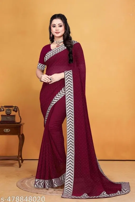 Georgette Solid Saree For Women, Purple