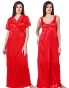 Satin Solid Nightdress for Women (Red, L)