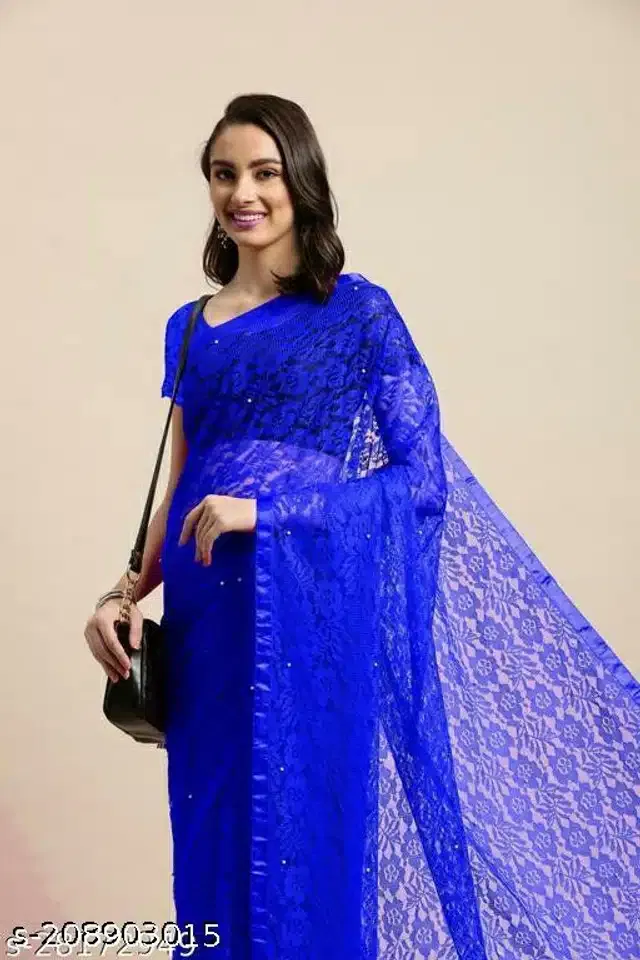 Net Saree for Women (Royal Blue, 6.3 m)