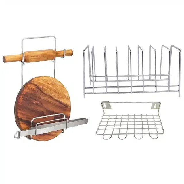 Stainless Steel Plate Stand & Utensil Holder with Chakla Belan Stand (Set of 3, Silver)