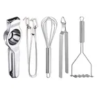 Stainless Steel Lemon Squeezer & Pakkad & Egg Whisk & Roti Chimta & Potato Masher For Kitchen (Set of 5) (OC-075)