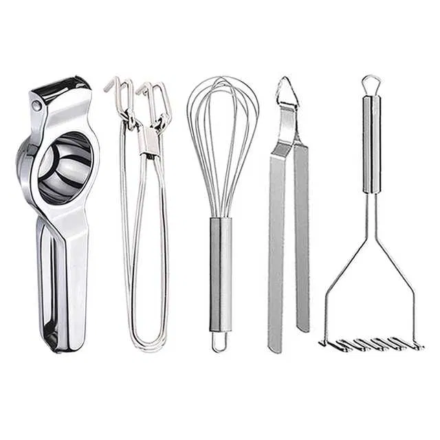 Stainless Steel Lemon Squeezer & Pakkad & Egg Whisk & Roti Chimta & Potato Masher For Kitchen (Set of 5) (OC-075)