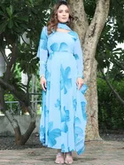 Crepe Printed Gown with Dupatta for Women (Aqua Blue, S)