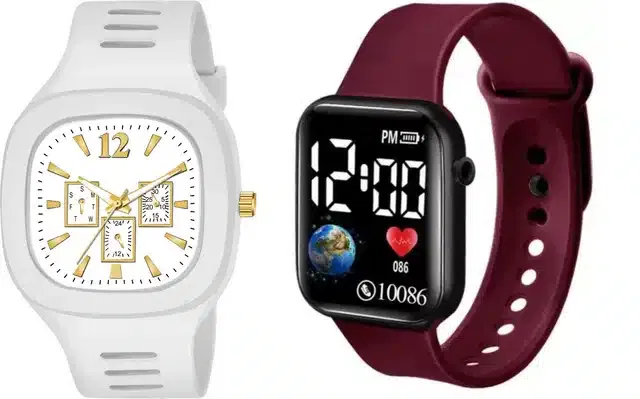 Analog with Smartwatch Combo for Men (White & Maroon, Pack of 2)