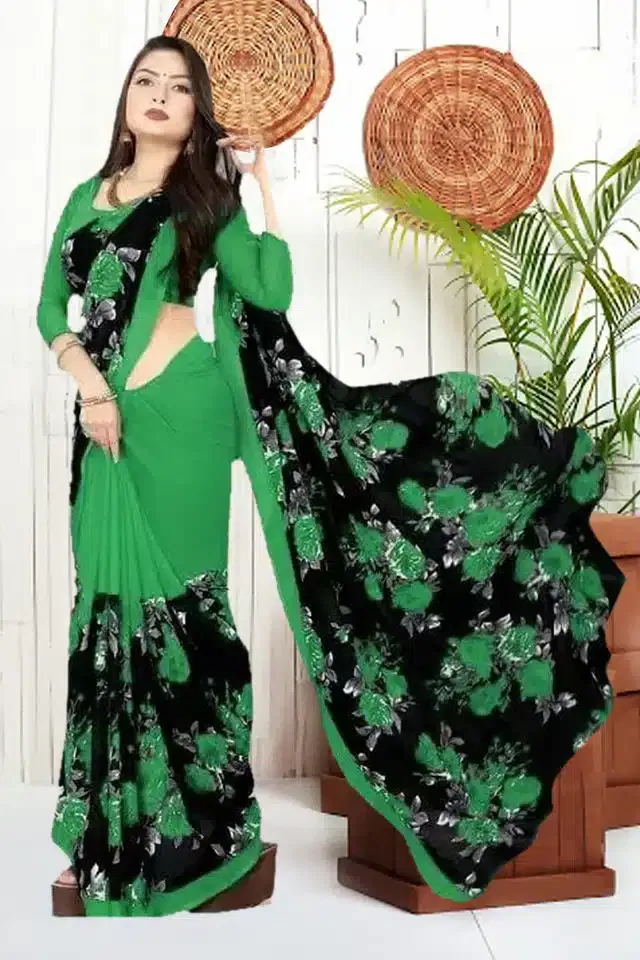 Georgette Saree with Unstitched Blouse Piece for Women (Green, 6 m)