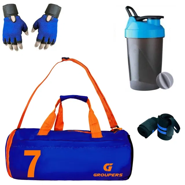 Polyester Printed Gym Bag with 2 Pcs Wristband, Gloves & Shaker Bottle (400 ml) for Men & Women (Multicolor, Set of 1)