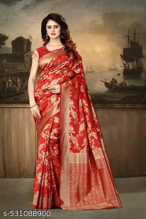 Art Silk Saree for Women (Red, Free Size)