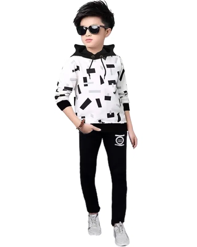 Cotton Blend Clothing Set for Boys (White & Black, 8-9 Years)