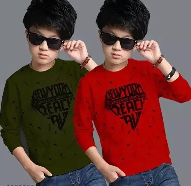 Cotton Blend Round Neck T-Shirts for Boys (Olive & Red, 15-16 Years) (Pack of 2)