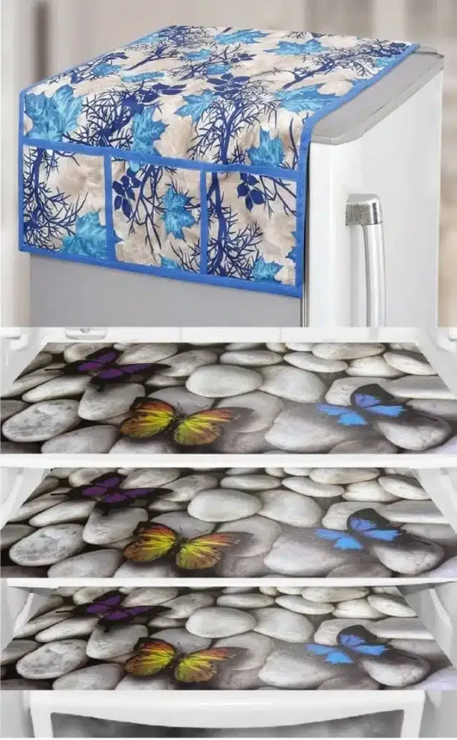 Knit Printed Fridge 3 Pcs Mat with Top Cover (Multicolor, Set of 1)