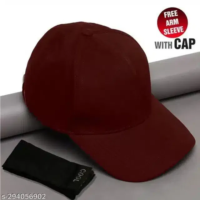 Cotton Arm Sleeves & Cap for Men & Women (Black & Maroon, Set of 2)