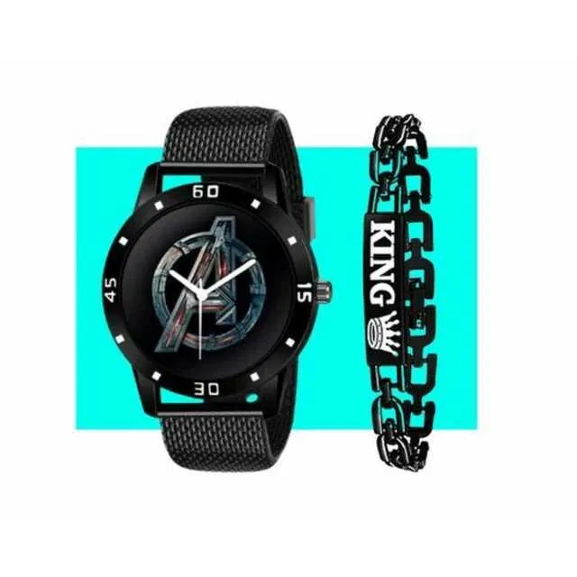 Casual PU Analog Watch With Bracelet Men (Pack Of 2, Black) (MP-599)