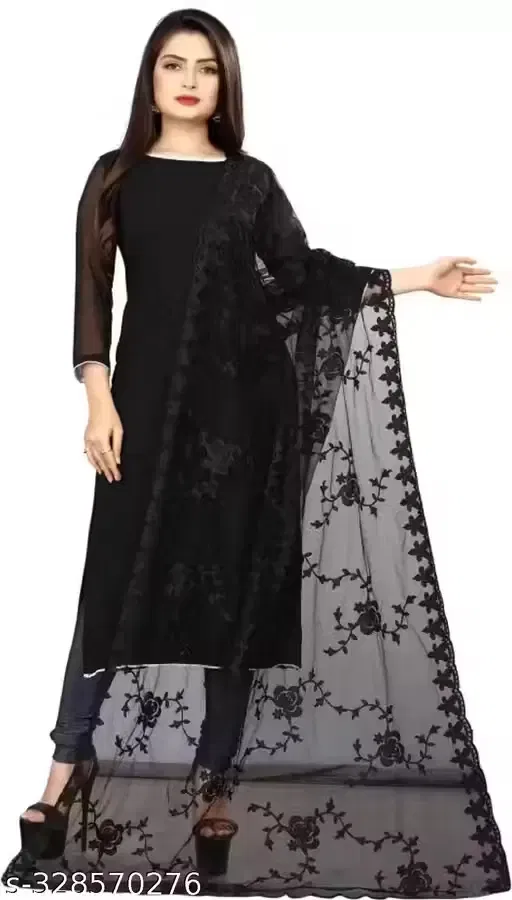 Net Self Design Dupatta for Women, Black (2.5 m)