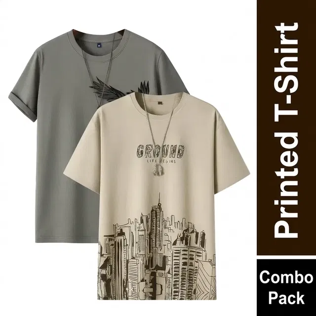 Round Neck Printed T-Shirt for Men, Combo Pack of 2, Grey & Beige, XL
