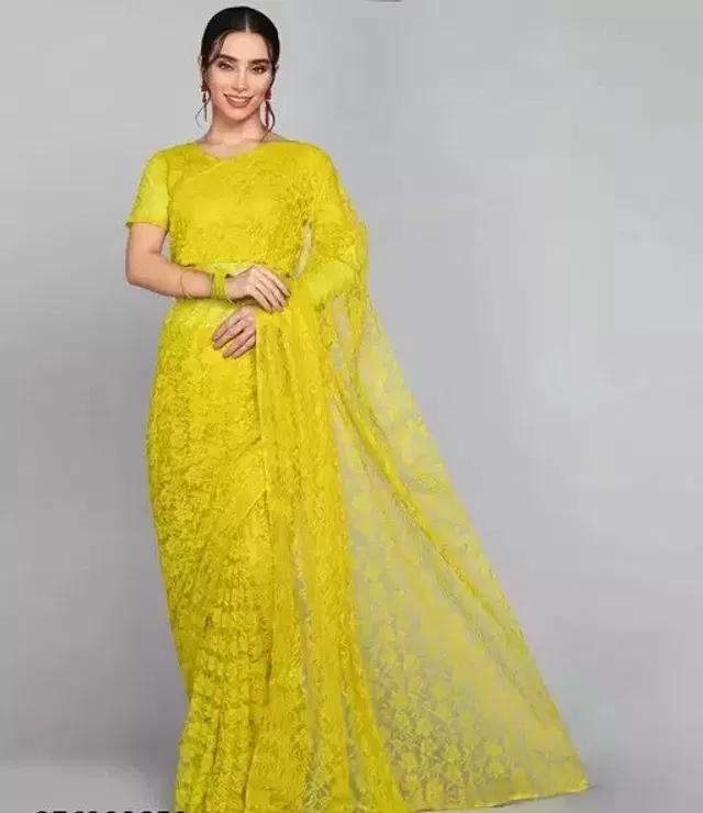 Net Floral Saree for Women (Yellow, 6.3 m)