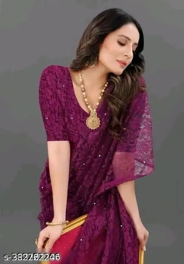 Net Saree for Women (Purple, 6.3 m)