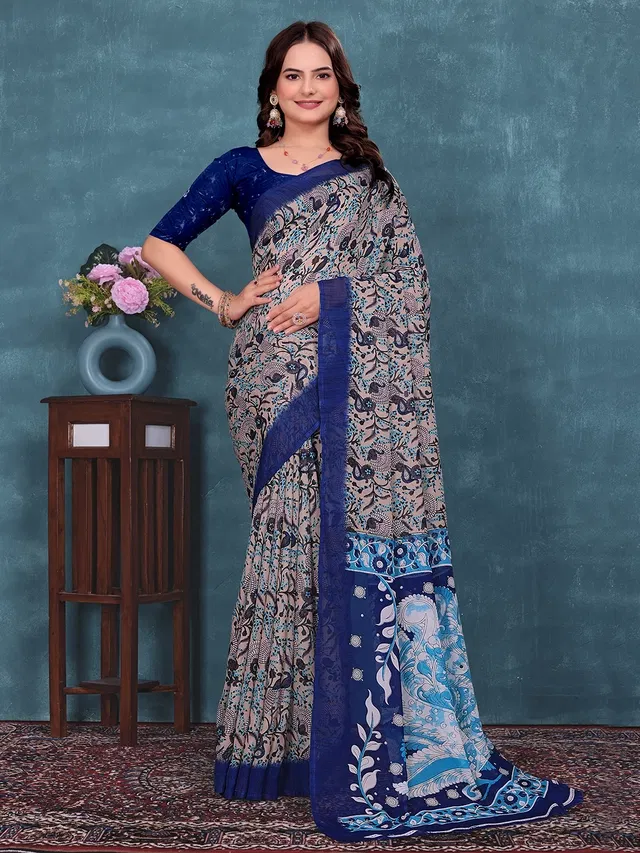 Georgette Printed Saree for Women (Navy Blue, 6.3 m)