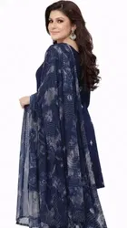 Printed Crepe Unstitched Suit Fabric for Women, Navy Blue 