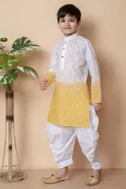 Cotton Embroidery Kurta with Dhoti for Boys, Yellow & White 