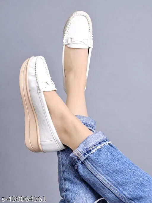 Shoetopia Solid Loafers for Women (White, IND-4)