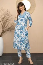 Viscose Rayon Printed Kurta With Paint Set for Women, Blue 