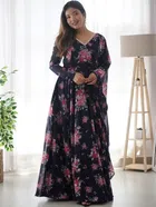 Georgette Printed Gown for Women (Black & Pink, S)