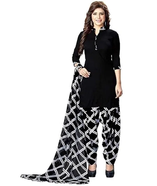 Crepe Printed Unstitched Suits Fabric for Women (Black & White)