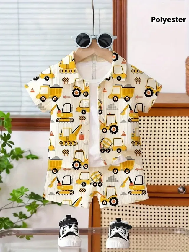 Poly Cotton Printed Clothing Set for boys, White (6-7 Years)