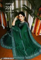 Organza Solid Saree For Women, Green