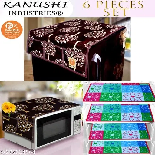 KANUSHI Industries® 1 Pc Microwave/Oven Top Cover + 1 Pc Fridge/Refrigerator Top Cover + 4 Fridge Mate(Color-Brown) (Micro+FRI-Brown-Tree+M-28-04)