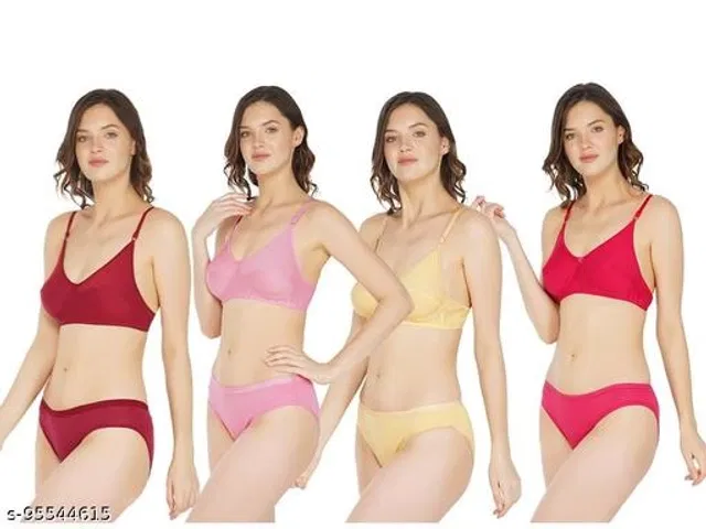 Cotton Blend Solid Lingerie Set for Women (Multicolor, 32A) (Pack of 4)