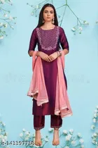 Viscose Rayon Embroidered Kurta with Pant & Dupatta for Women 