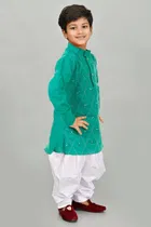 Cotton Blend Embroidery Kurta with Dhoti for Boys, Teal & White 