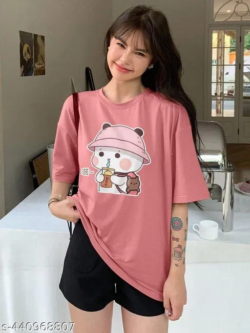 Cotton Blend Printed T-shirt for Women, Pink (XL)