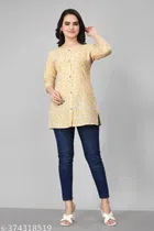 Cotton Printed Top for Women (Yellow, S)