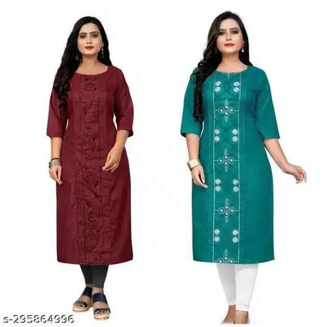 Cotton Blend Embroidered Kurti for Women (Turquoise & Maroon, XXL) (Pack of 2)