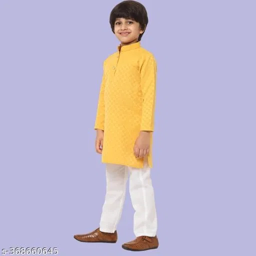 Cotton Blend Kurta with Pyjama for Boys (Yellow & White, 4-5 Years)