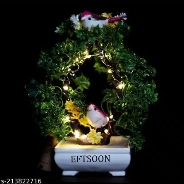 Artificial Bonsai Plant with Sparrow & Light (Green, 28 cm)