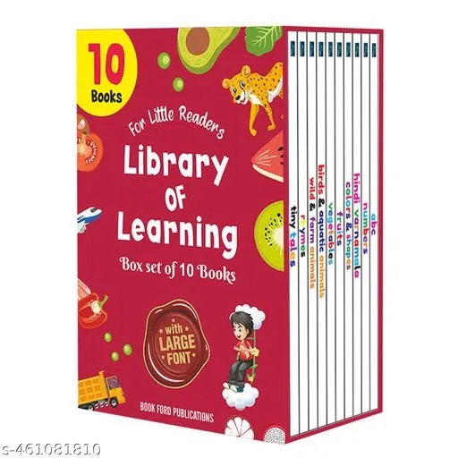 For Little Readings Library Of Learning Books Boxx Set Of 10 Books For Kids - Alphabet, Numbers, Hindi Varnamala, Colors & Shapes, Fruits, Vegetables, Birds & Aquatic Animals, Wild & Farm Animals , Rhymes, And Tiny Tales For Kids Hardcover,