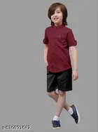 Solid Cotton Blend Mandarin Collar Short Sleeve Shirt for Boys 