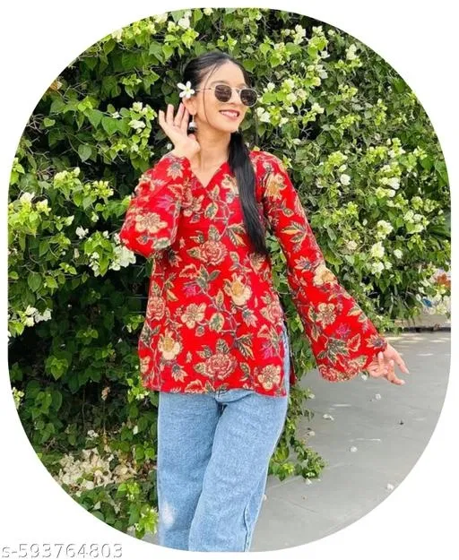 Floral Cotton Short Kurti for Women (Red, XL)