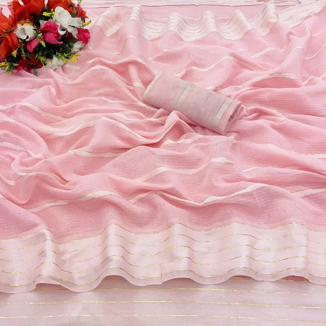 Cotton Blend Striped Saree for Women (Pink, 6.3 m)
