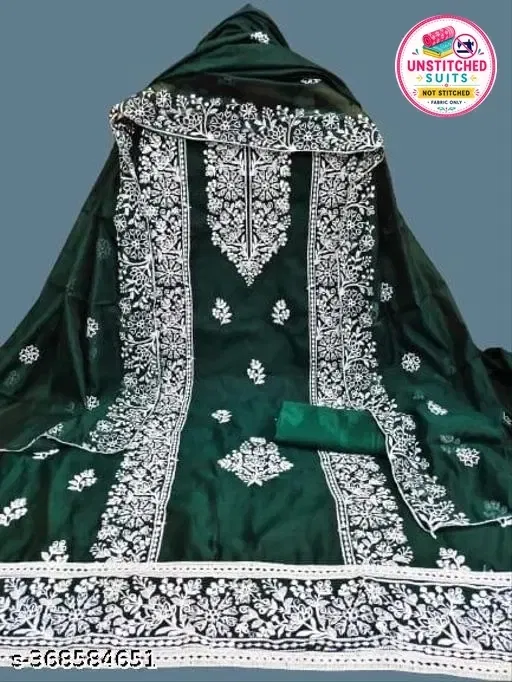 Chanderi Cotton Embroidered Punjabi/All Over Suits for Women (Green, Un Stitched)
