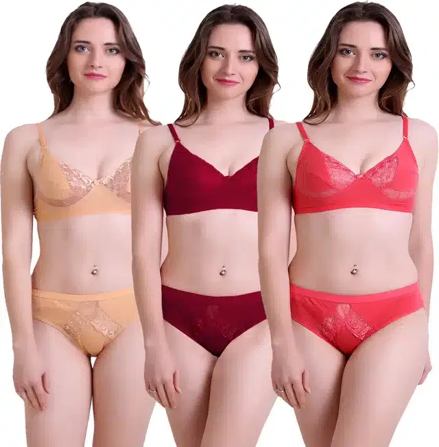 Cotton Blend Lingerie Set for Women (Multicolor, 34C) (Set of 3)