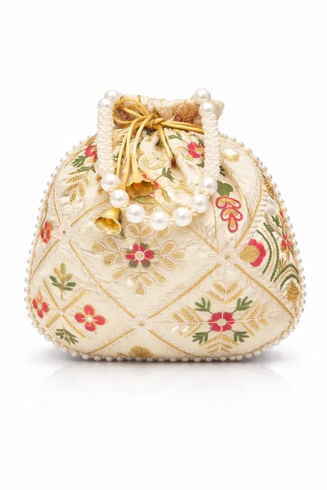 Handcrafted Embroidered Silk Potli Bag, Cream